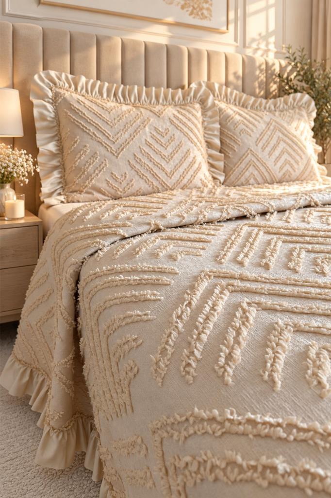 Çeyiz Diyarı Ruffle Pine 3 Parça Çift Kişilik Pike Takımı Bej - 2