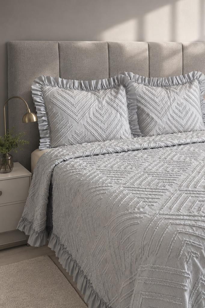 Çeyiz Diyarı Ruffle Pine 3 Parça Çift Kişilik Pike Takımı Gri - 2