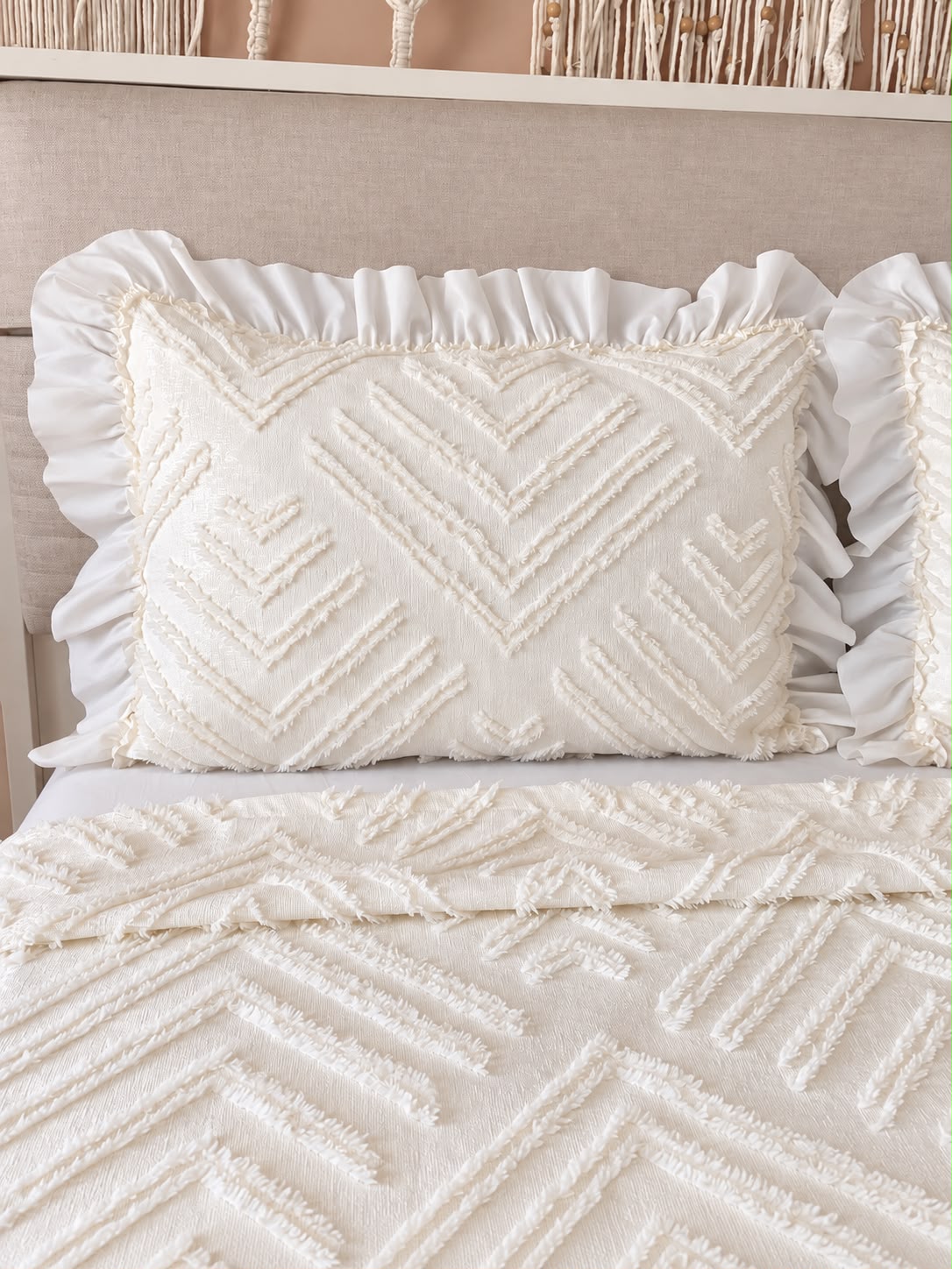 Çeyiz Diyarı Ruffle Pine 3 Parça Çift Kişilik Pike Takımı Krem - 4