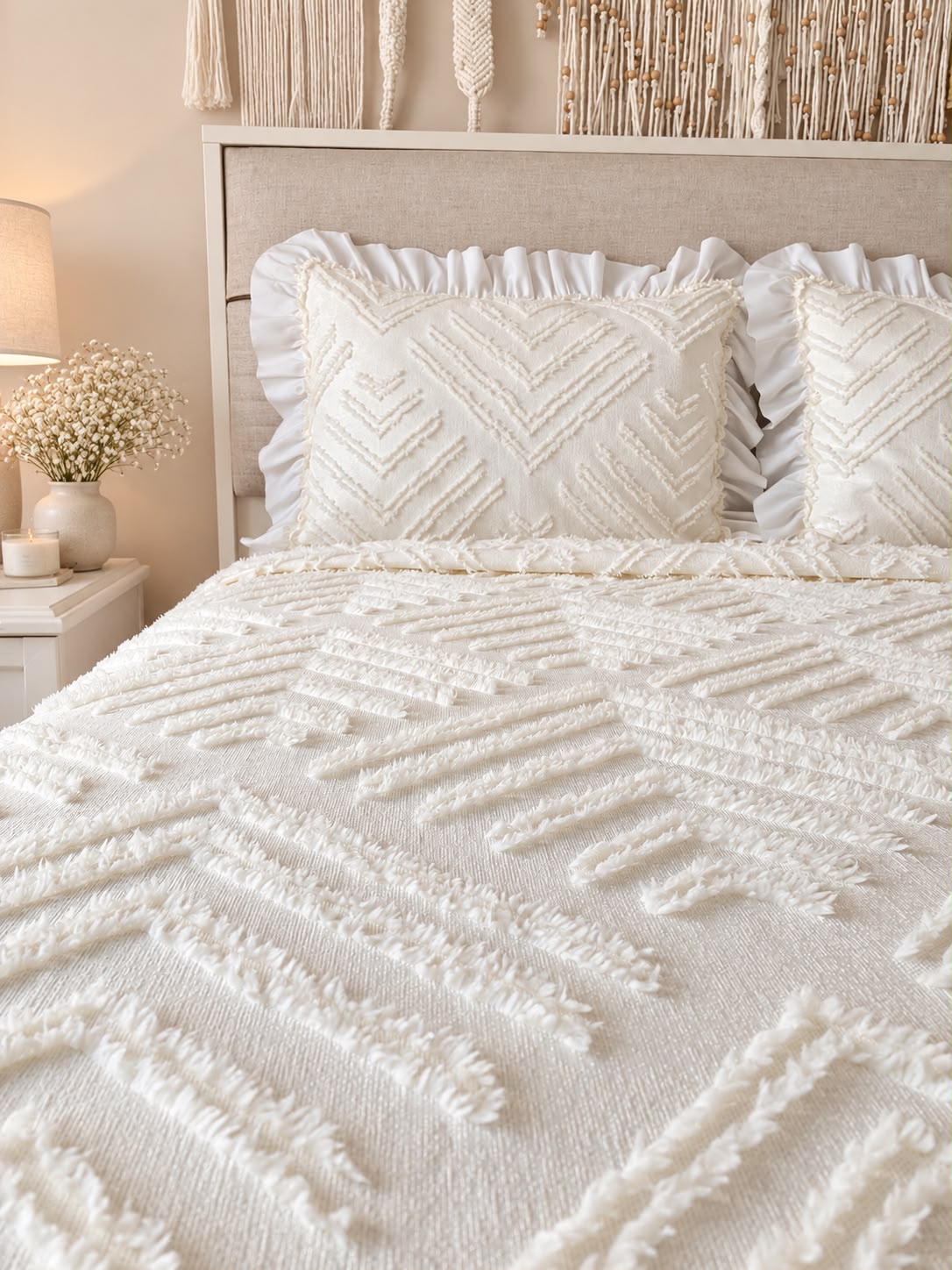 Çeyiz Diyarı Ruffle Pine 3 Parça Çift Kişilik Pike Takımı Krem - 5