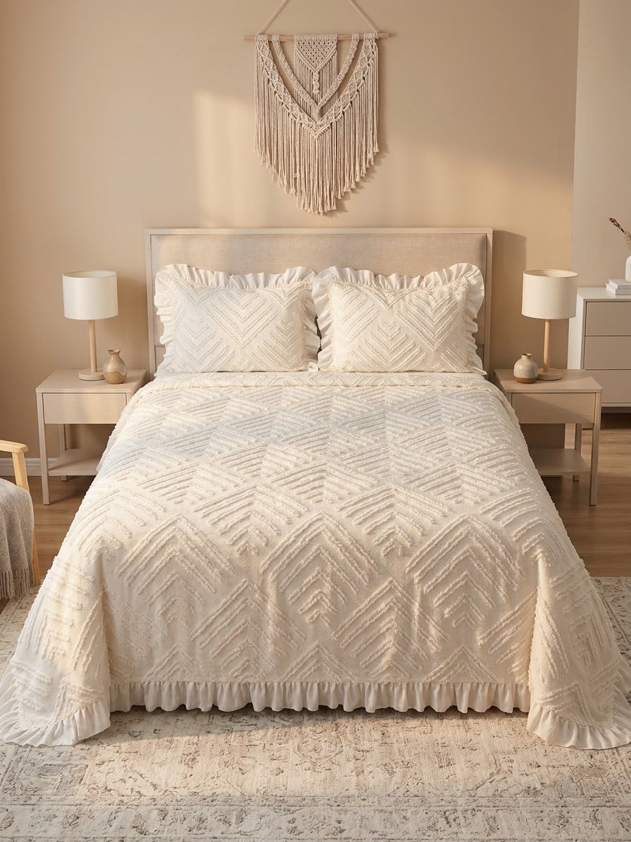 Çeyiz Diyarı Ruffle Pine 3 Parça Çift Kişilik Pike Takımı Krem - 2