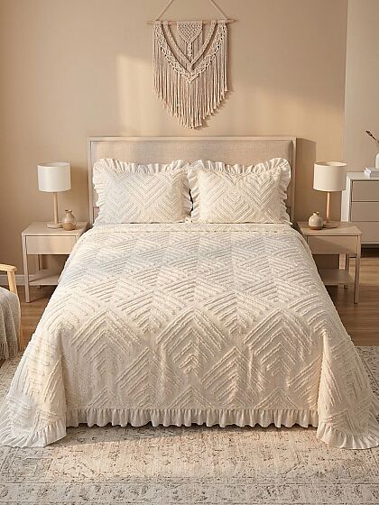 Çeyiz Diyarı Ruffle Pine 3 Parça Çift Kişilik Pike Takımı Krem - Çeyiz Diyarı (1)