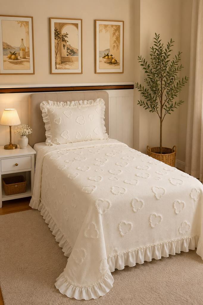 Çeyiz Diyarı Ruffle Pure Love 2 Parça Tek Kişilik Pike Takımı Krem - 1