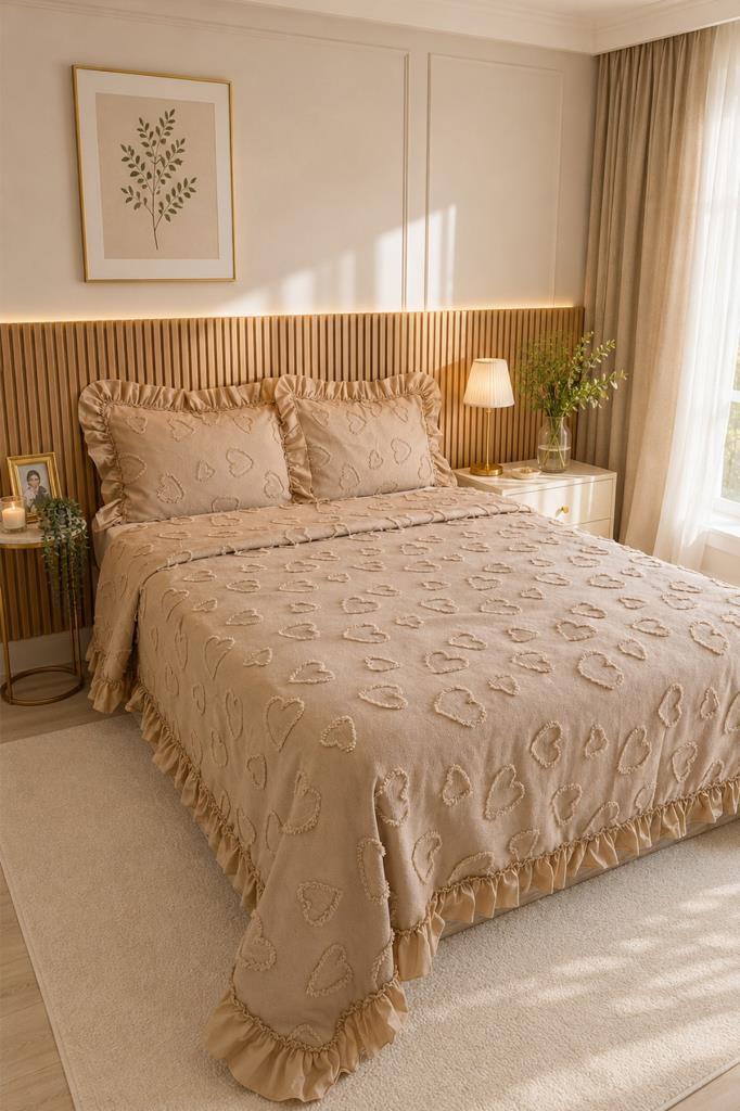 Çeyiz Diyarı Ruffle Pure Love 3 Parça Çift Kişilik Pike Takımı Bej - 1