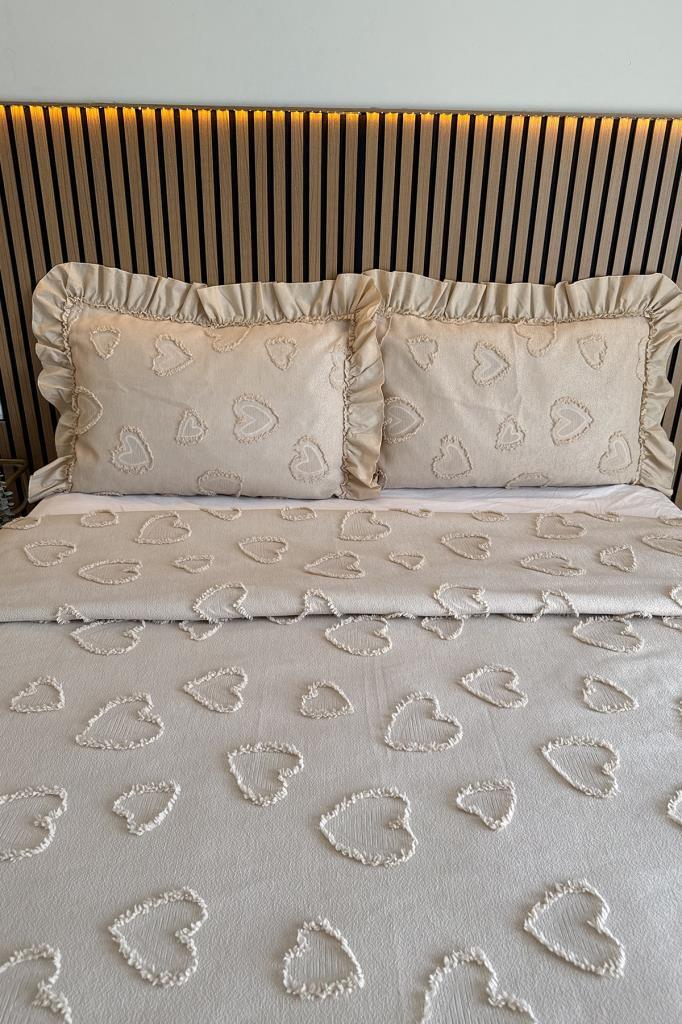 Çeyiz Diyarı Ruffle Pure Love 3 Parça Çift Kişilik Pike Takımı Bej - 2