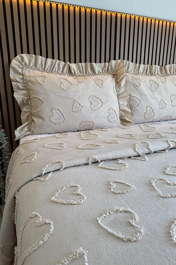 Çeyiz Diyarı Ruffle Pure Love 3 Parça Çift Kişilik Pike Takımı Bej - 3
