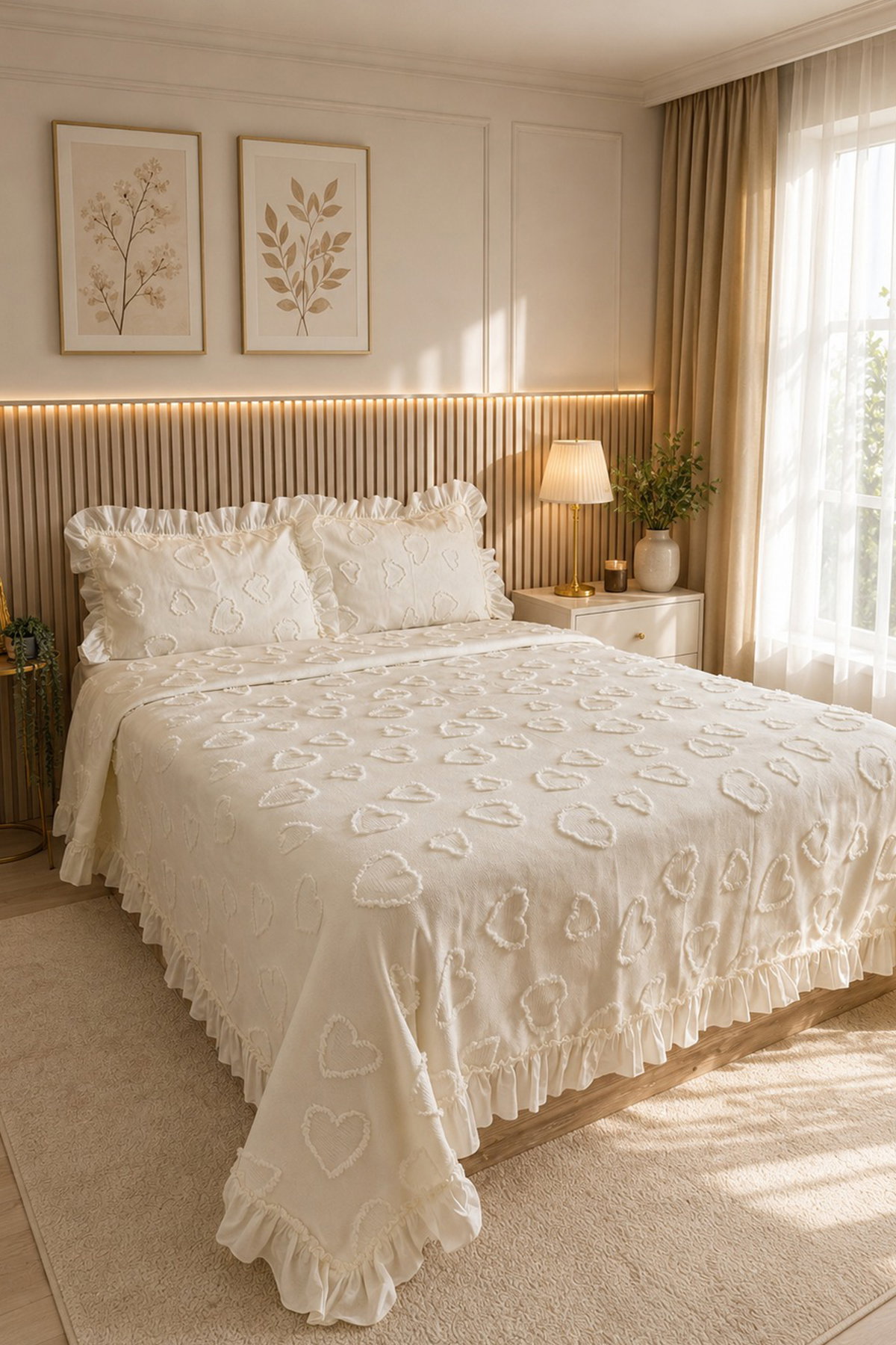 Çeyiz Diyarı Ruffle Pure Love 3 Parça Çift Kişilik Pike Takımı Krem - 1