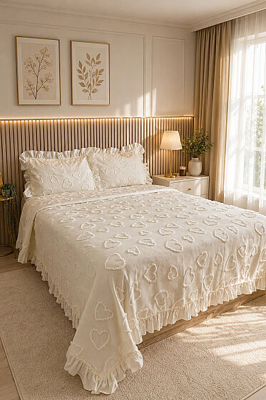 Çeyiz Diyarı Ruffle Pure Love 3 Parça Çift Kişilik Pike Takımı Krem - Çeyiz Diyarı