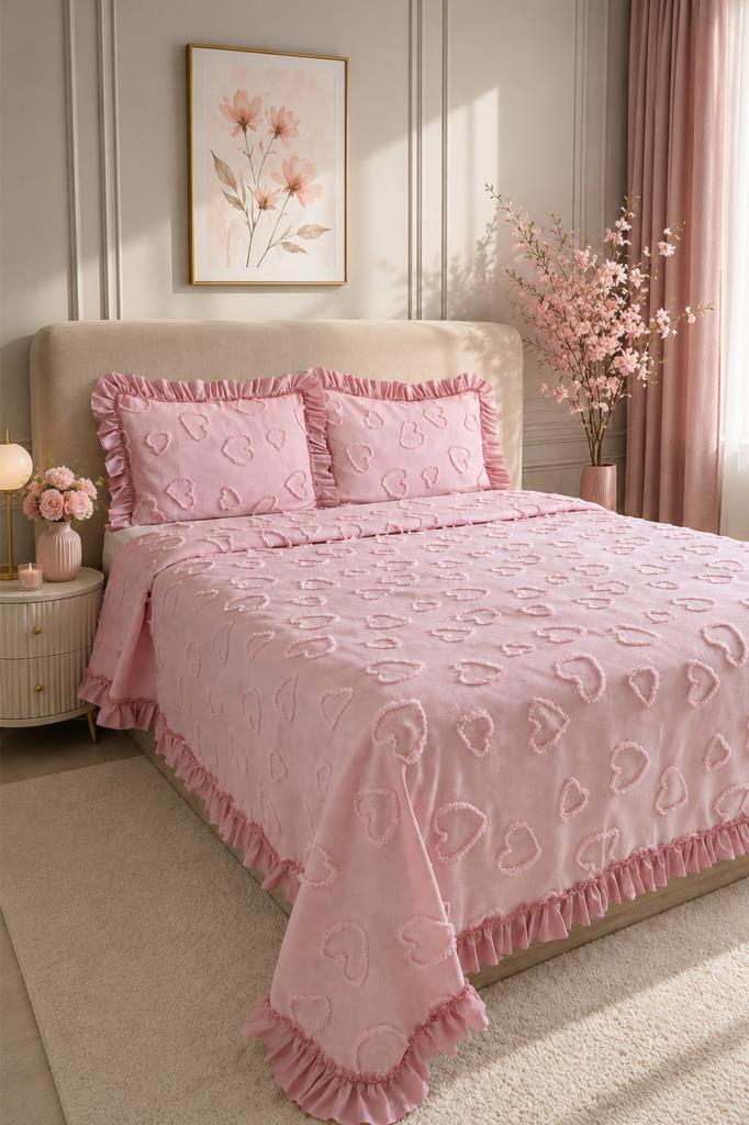 Çeyiz Diyarı Ruffle Pure Love 3 Parça Çift Kişilik Pike Takımı Pudra - 1