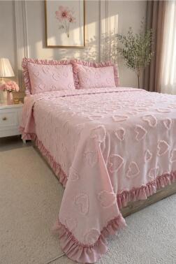 Çeyiz Diyarı Ruffle Pure Love 3 Parça Çift Kişilik Pike Takımı Pudra - 2