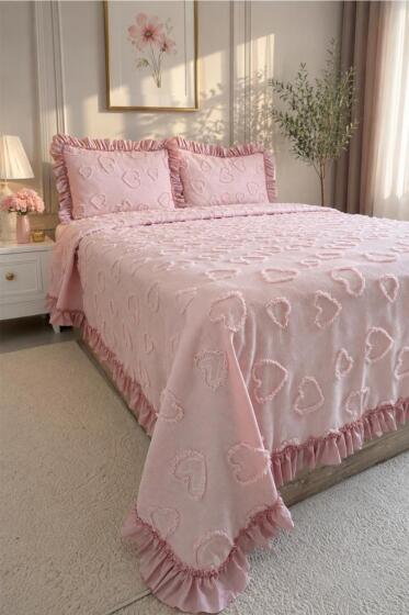 Çeyiz Diyarı Ruffle Pure Love 3 Parça Çift Kişilik Pike Takımı Pudra - Çeyiz Diyarı (1)
