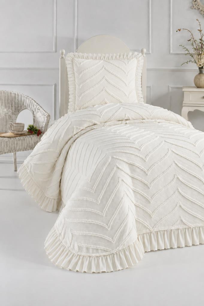 Çeyiz Diyarı Ruffle Sementina 2 Parça Tek Kişilik Pike Takımı Krem - 1