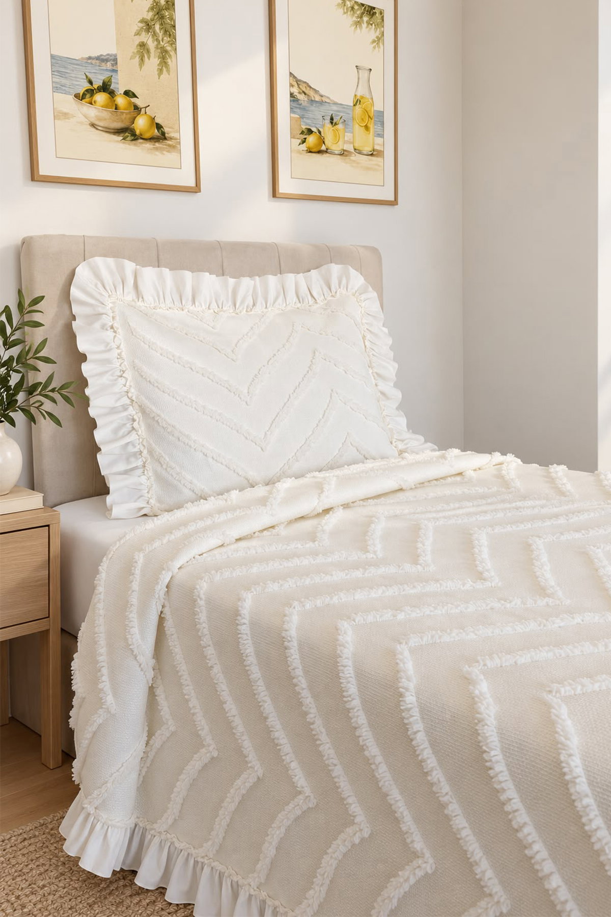 Çeyiz Diyarı Ruffle Sementina 2 Parça Tek Kişilik Pike Takımı Krem - 3