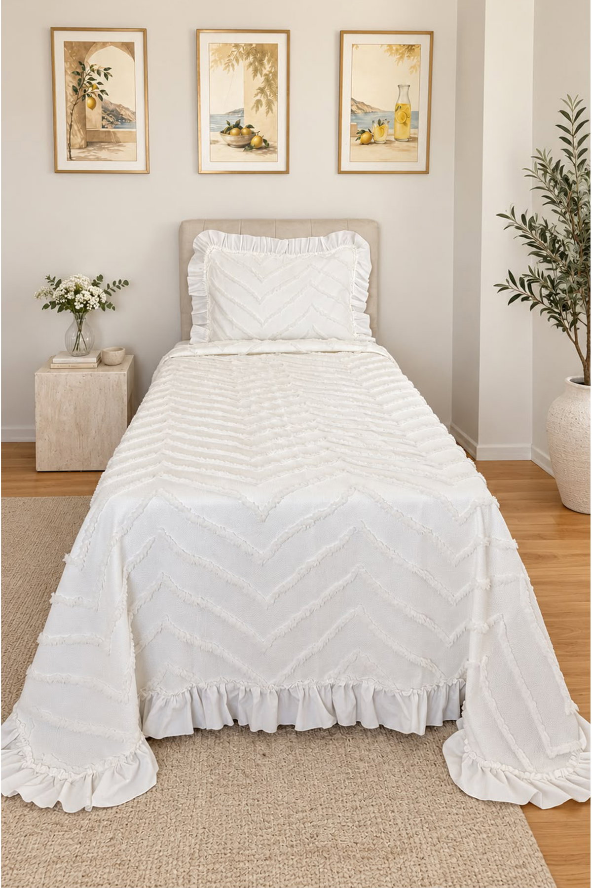 Çeyiz Diyarı Ruffle Sementina 2 Parça Tek Kişilik Pike Takımı Krem - 4