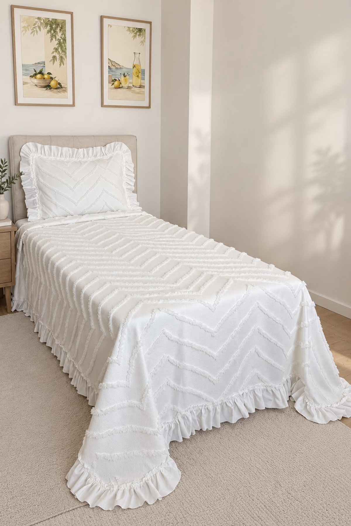 Çeyiz Diyarı Ruffle Sementina 2 Parça Tek Kişilik Pike Takımı Krem - 2