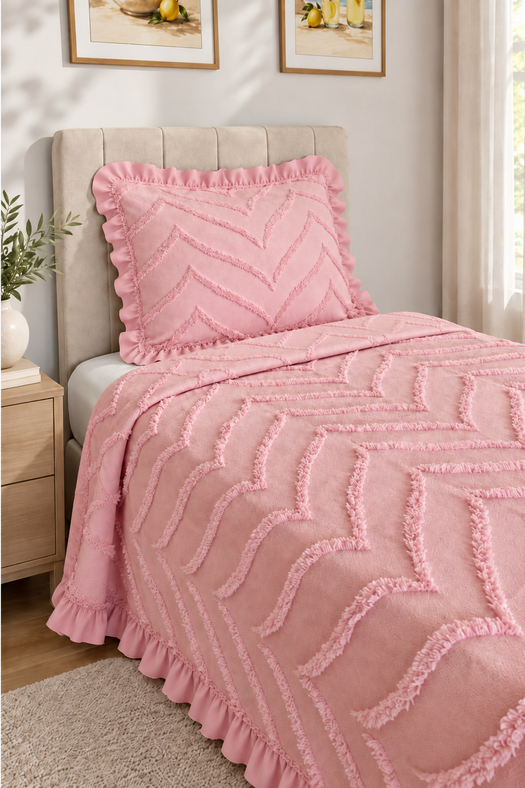 Çeyiz Diyarı Ruffle Sementina 2 Parça Tek Kişilik Pike Takımı Pudra - 3