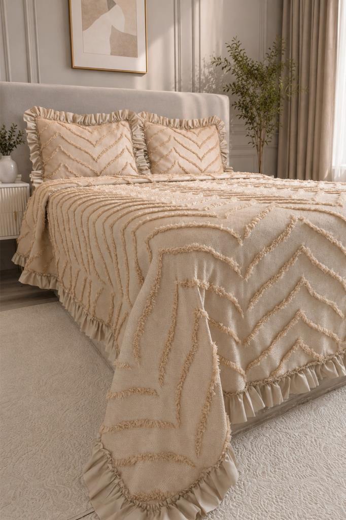 Çeyiz Diyarı Ruffle Sementina 3 Parça Çift Kişilik Pike Takımı Bej - 2