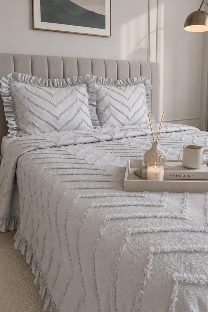 Çeyiz Diyarı Ruffle Sementina 3 Parça Çift Kişilik Pike Takımı Gri - 3