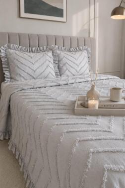 Çeyiz Diyarı Ruffle Sementina 3 Parça Çift Kişilik Pike Takımı Gri - 3