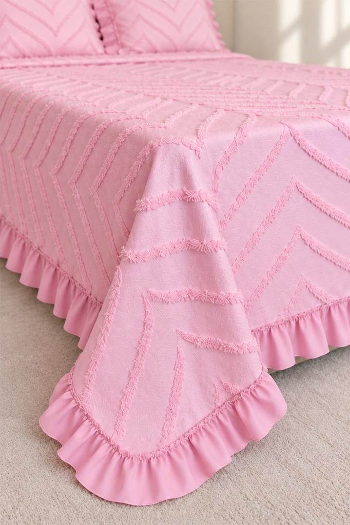 Çeyiz Diyarı Ruffle Sementina 3 Parça Çift Kişilik Pike Takımı Pudra - 2