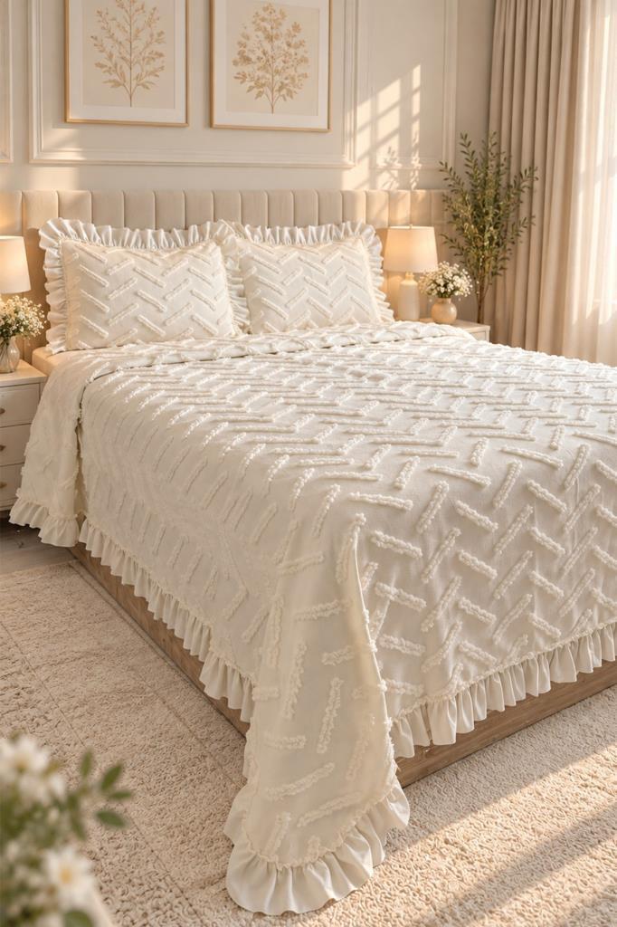 Çeyiz Diyarı Ruffle Zigra 3 Parça Çift Kişilik Pike Takımı Krem - 1