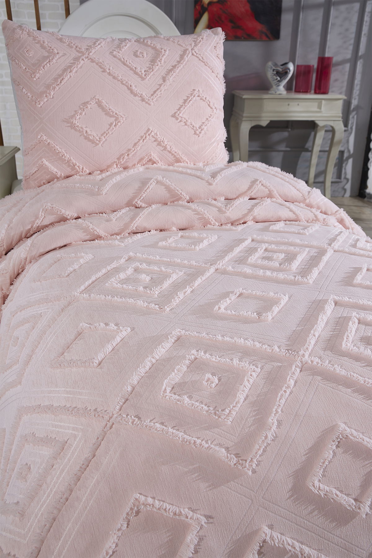 Çeyiz Diyarı Samira 2 Parça Tek Kişilik Pike Takımı Pudra - 4