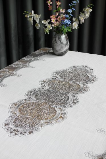 Çeyiz Diyarı Saray Tek Masa Örtüsü 160x230 Cm Krem Gümüş - Çeyiz Diyarı (1)