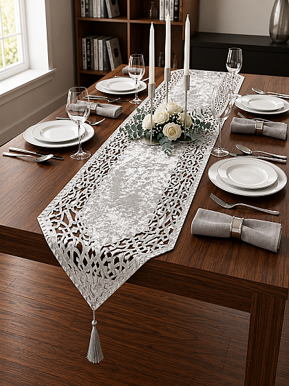 Çeyiz Diyarı Selçuklu Kadife Çift Kat Runner Silver - Çeyiz Diyarı