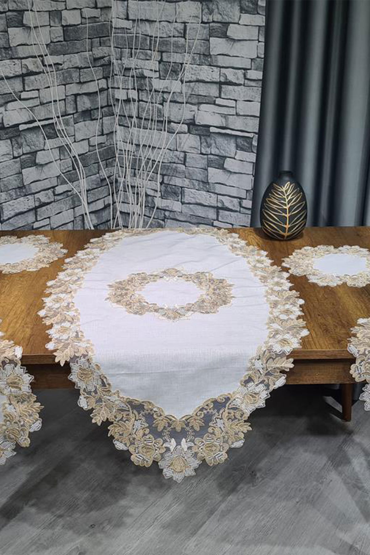 Çeyiz Diyarı Selina 5 Parça Keten Salon Takımı Krem Kahve - 1