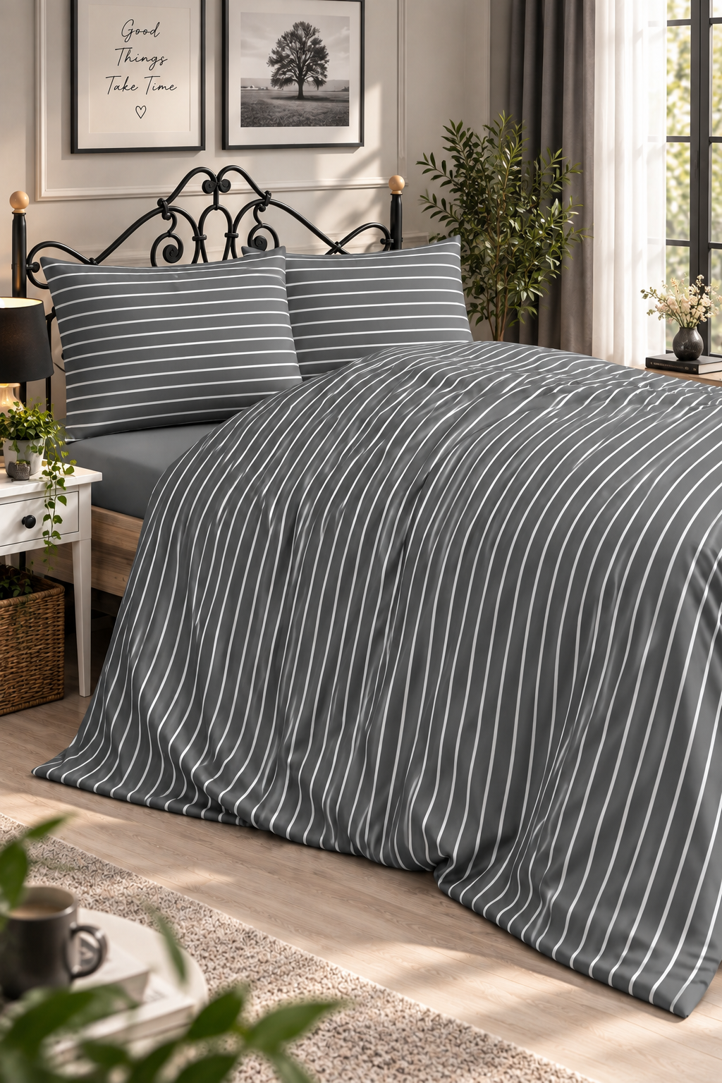 Çeyiz Diyarı Stripe Çift Kişilik Nevresim Takımı Gri - 1