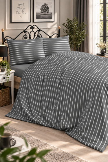 Çeyiz Diyarı Stripe Çift Kişilik Nevresim Takımı Gri - Çeyiz Diyarı