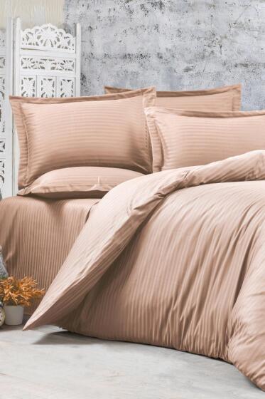 Çeyiz Diyarı Stripe Çift Kişilik PollySaten Nevresim Takımı Bej - Çeyiz Diyarı