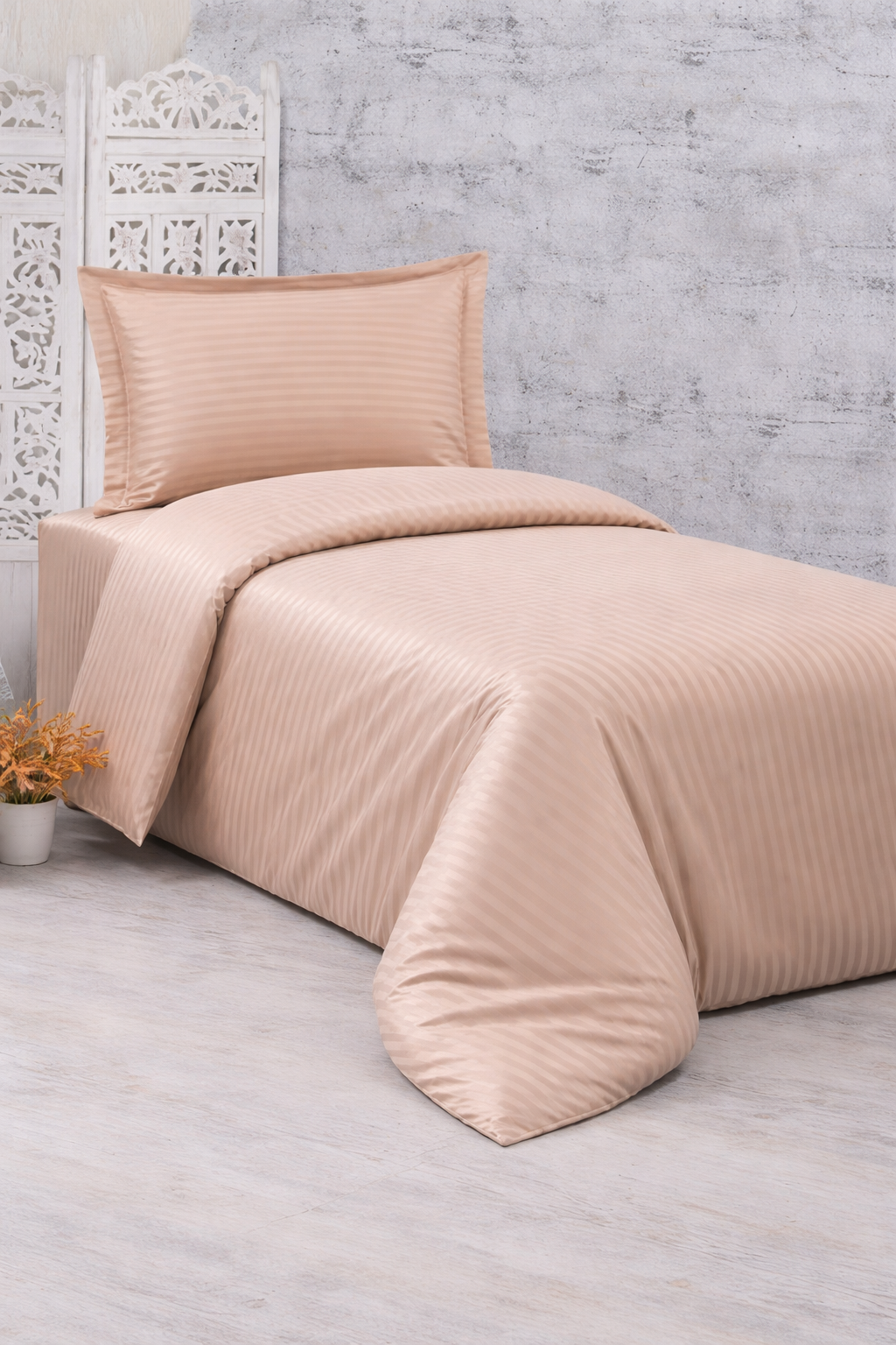 Çeyiz Diyarı Stripe Tek Kişilik PollySaten Nevresim Takımı Bej - 1