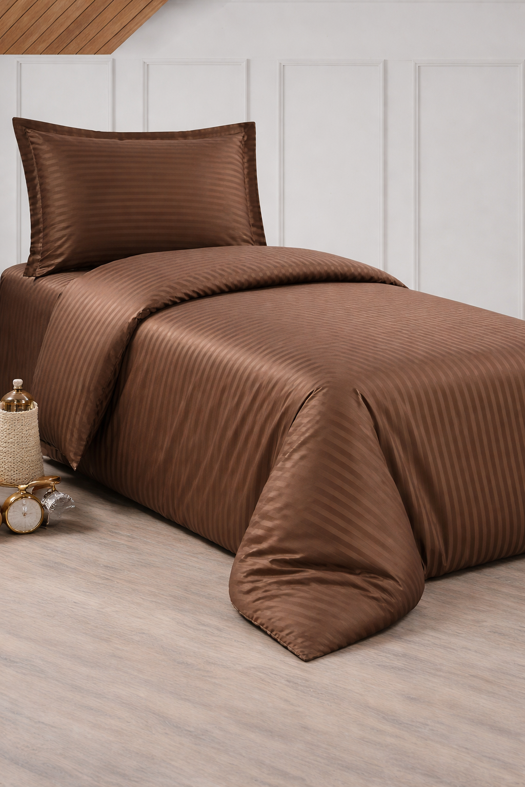 Çeyiz Diyarı Stripe Tek Kişilik PollySaten Nevresim Takımı Cappucino - 1