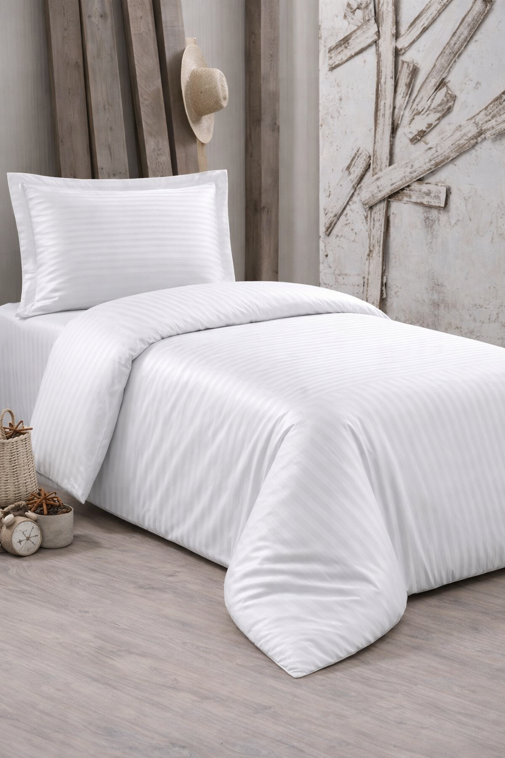 Çeyiz Diyarı Stripe Tek Kişilik PollySaten Nevresim Takımı Krem - 1