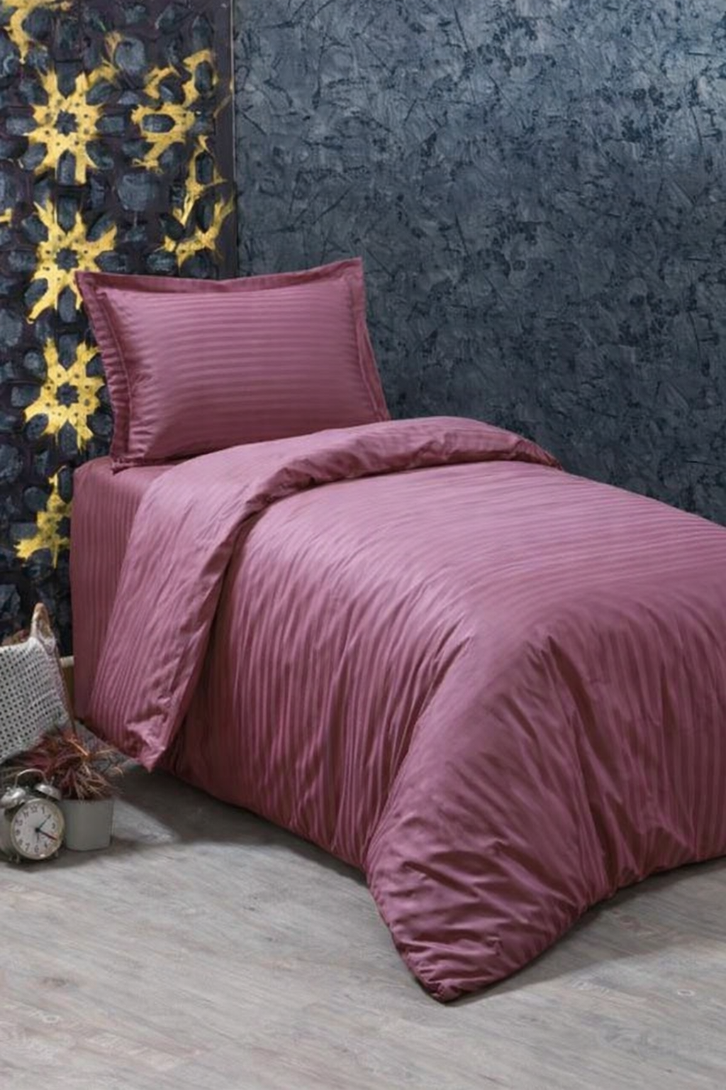 Çeyiz Diyarı Stripe Tek Kişilik PollySaten Nevresim Takımı Mürdüm - 1