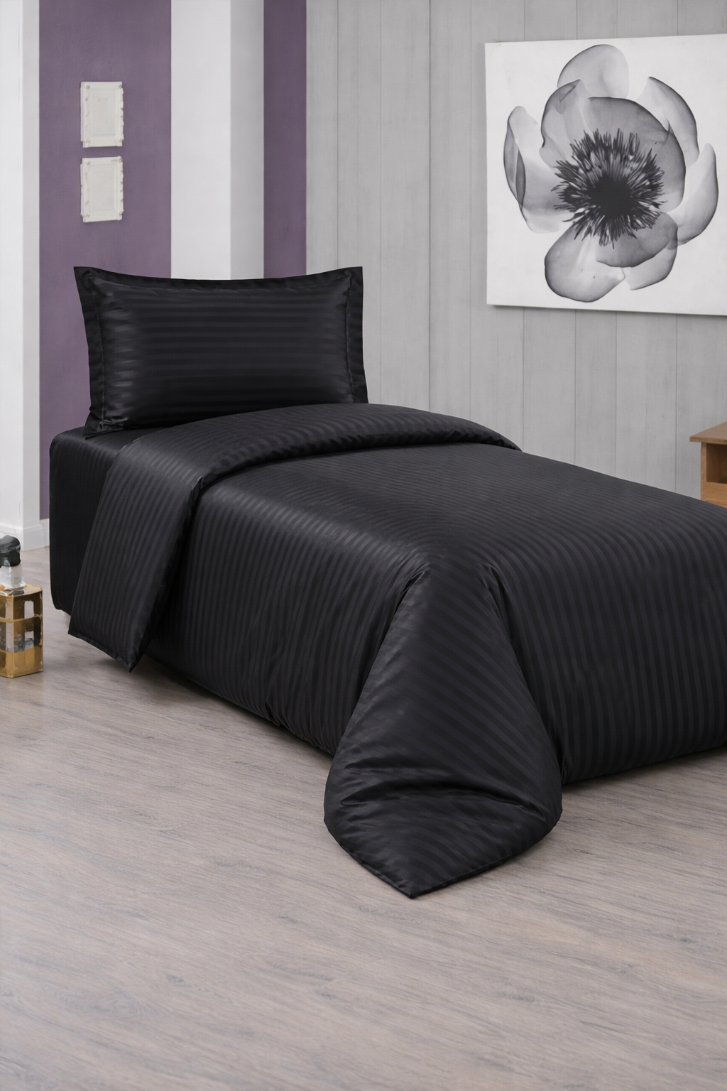 Çeyiz Diyarı Stripe Tek Kişilik PollySaten Nevresim Takımı Siyah - 1