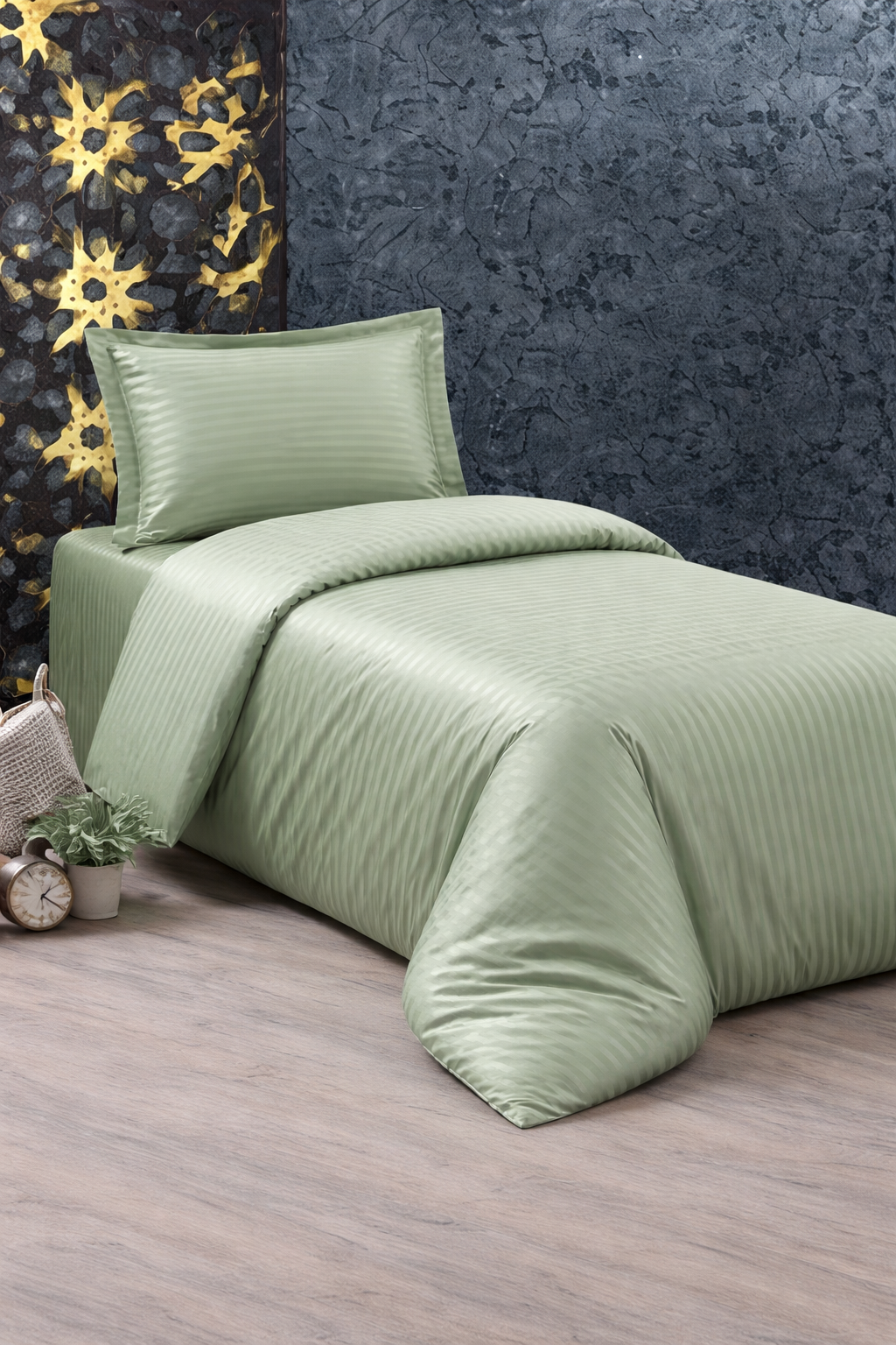 Çeyiz Diyarı Stripe Tek Kişilik PollySaten Nevresim Takımı Yeşil - 1