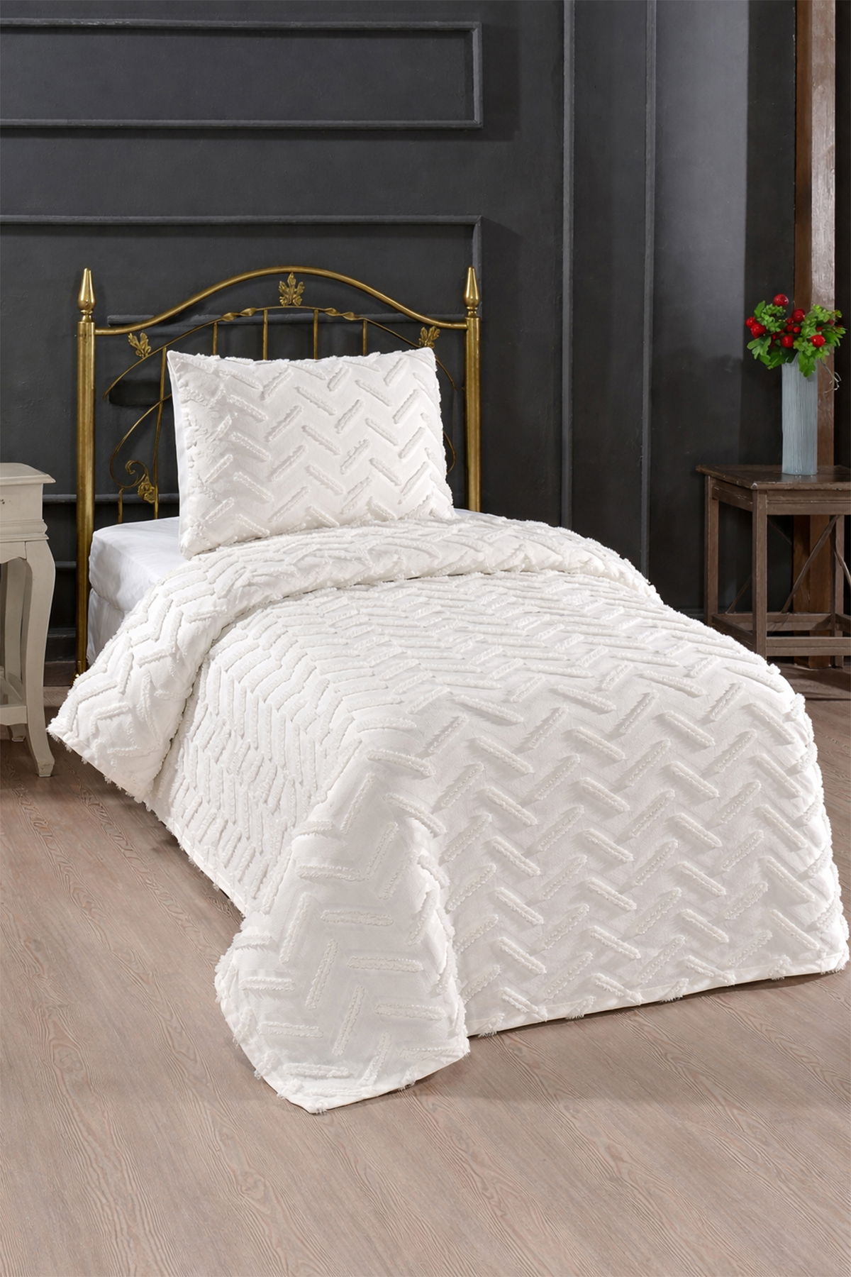 Çeyiz Diyarı Zigra 2 Parça Tek Kişilik Pike Takımı Krem - 1