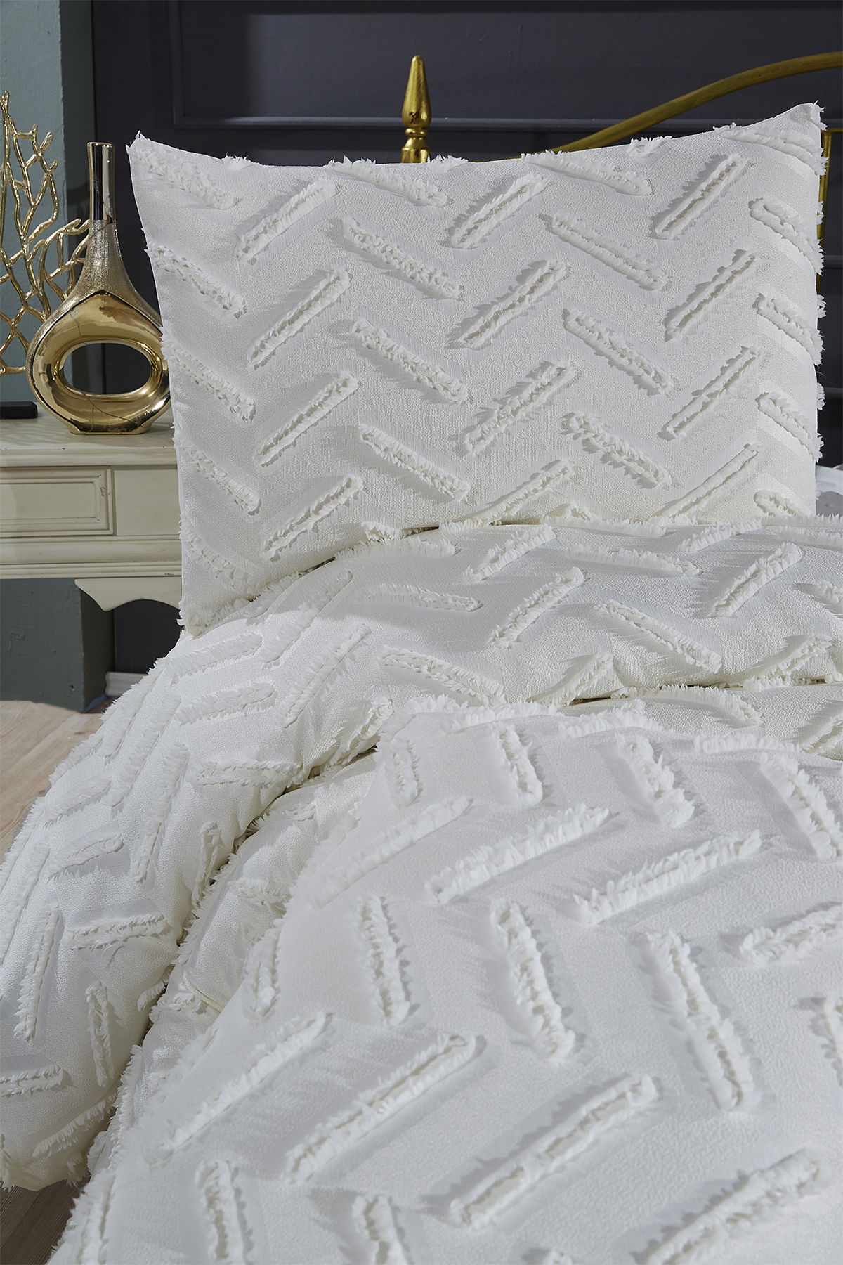 Çeyiz Diyarı Zigra 3 Parça Çift Kişilik Pike Takımı Krem - 6