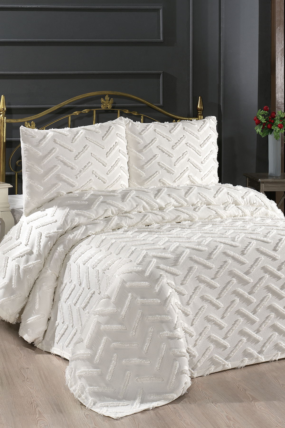 Çeyiz Diyarı Zigra 3 Parça Çift Kişilik Pike Takımı Krem - 1