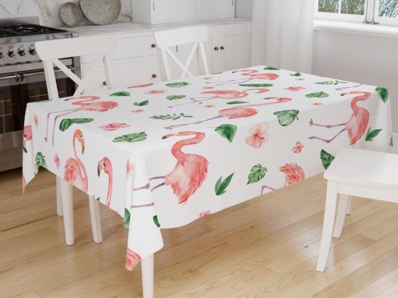 Çeyizdiyarı Dijital Baskı Flamingo Masa Örtüsü Beyaz - Çeyiz Diyarı