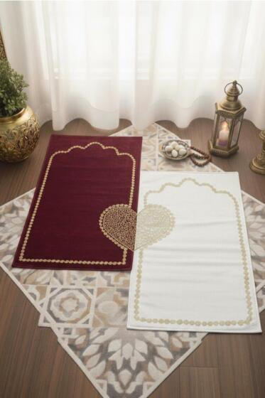 Çeyizdiyarı İrem Kadife 2'li Seccade Takımı Krem Bordo - Çeyiz Diyarı
