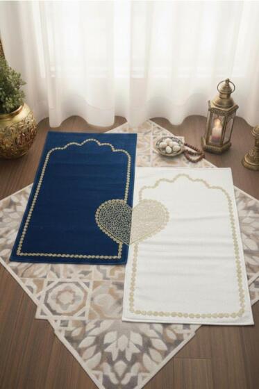 Çeyizdiyarı İrem Kadife 2'li Seccade Takımı Krem Lacivert - Çeyiz Diyarı