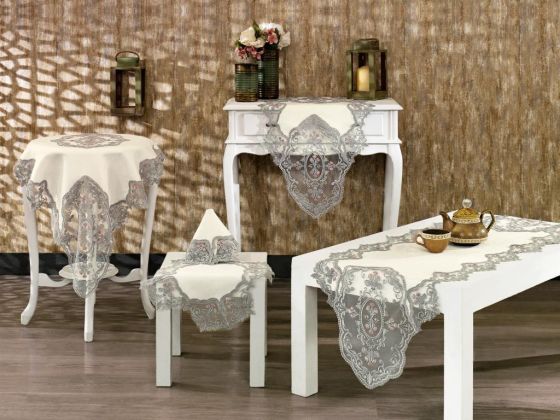 Çeyizdiyarı Livza 5 Parça Salon Takımı Ekru - Gümüş - Çeyiz Diyarı