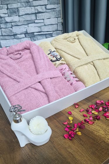 Çeyizlik Aile Bornoz Seti 4 Parça Gül Kurusu Cappucino - Çeyiz Diyarı