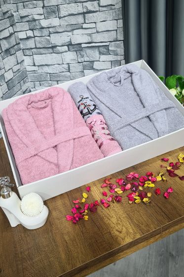 Çeyizlik Aile Bornoz Seti 4 Parça Gül Kurusu Gri - Çeyiz Diyarı