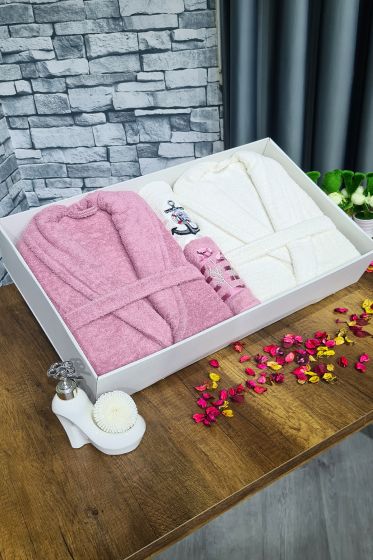 Çeyizlik Aile Bornoz Seti 4 Parça Gül Kurusu Krem - Çeyiz Diyarı
