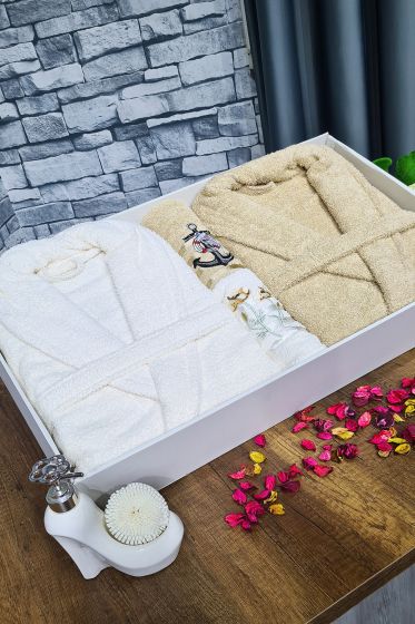 Çeyizlik Aile Bornoz Seti 4 Parça Krem Cappucino - Çeyiz Diyarı
