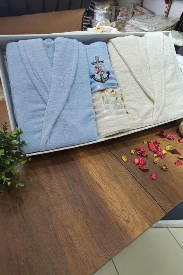 Çeyizlik Aile Bornoz Seti 4 Parça Krem Mavi - Çeyiz Diyarı